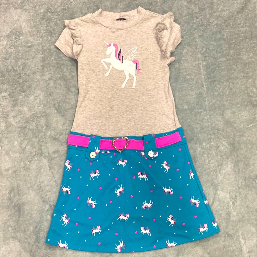 Girl’s unicorn sparkles Marsha dress short sleeve- pink, teal, gray XL 14/16